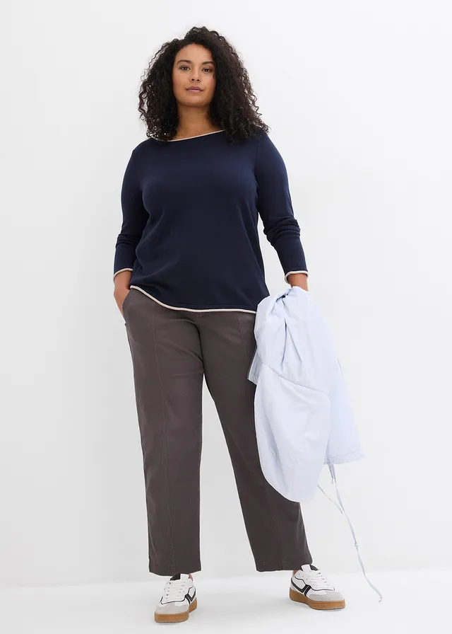 Pull en fine maille de coton mélangé, Couleur: bleu foncé/gris pierre