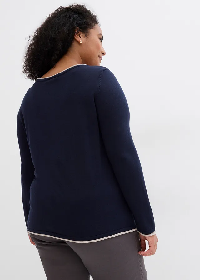 Fijn gebreide trui van katoenmix, Kleur: donkerblauw-steengrijs