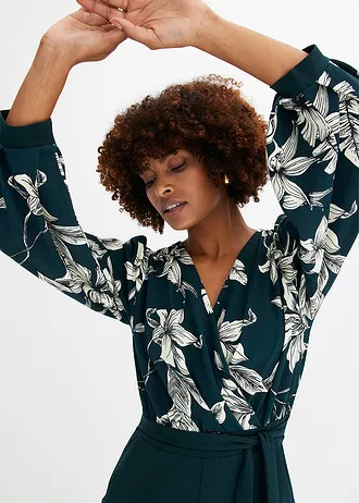 Combi pantalon en jersey style cache-cœur • vert profond floral • Boutique bonprix