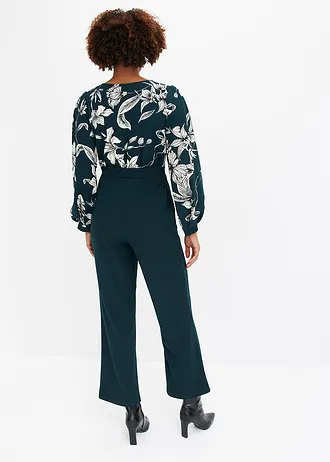 Combi pantalon en jersey style cache-cœur, Couleur: vert profond floral