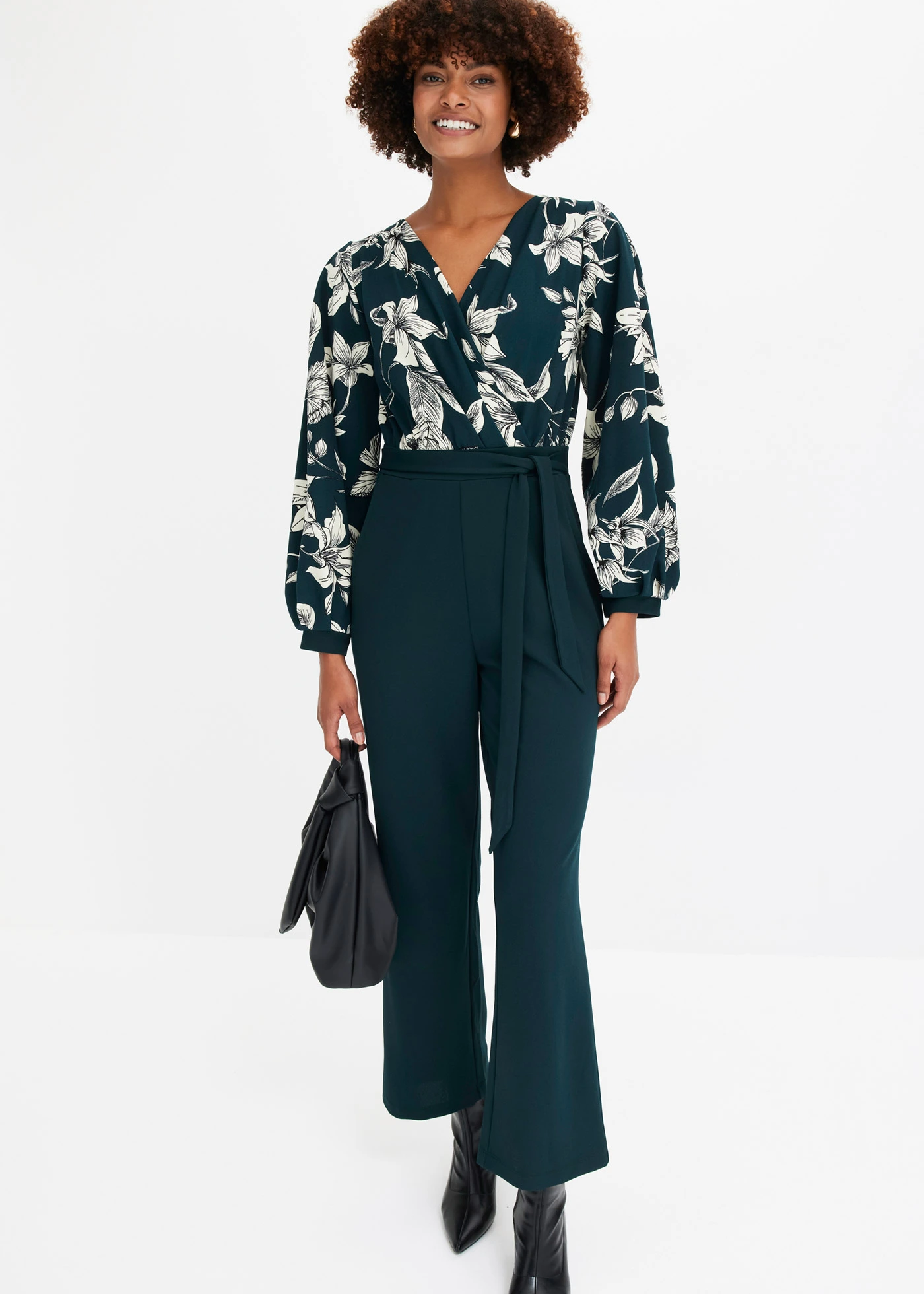 Combi pantalon en jersey style cache-cœur • vert profond floral • Boutique bonprix