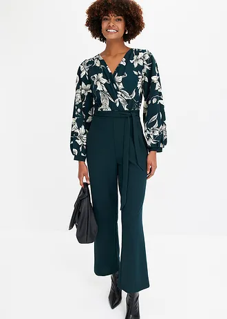 Combi pantalon en jersey style cache-cœur • vert profond floral • Boutique bonprix