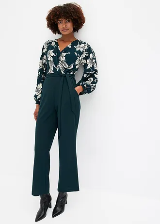 Jersey jumpsuit in wikkellook, Kleur: diepgroen gebloemd