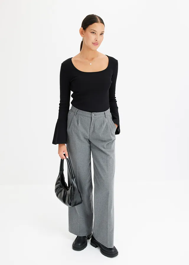 Pantalon large à pinces, Couleur: gris chiné