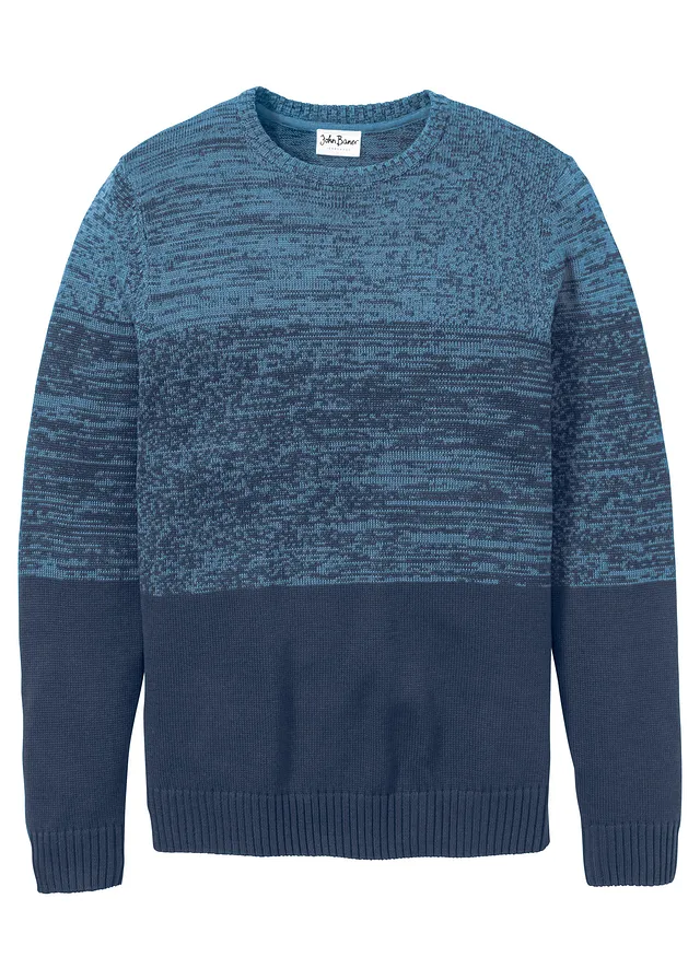 Pull doux en fine maille, coupe ventre confort • bleu jean-bleu foncé rayé • Boutique bonprix