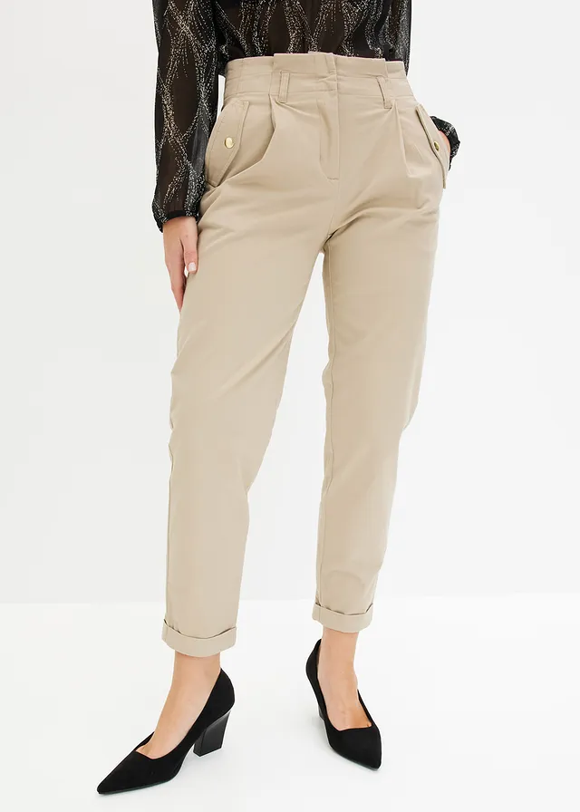 Lichte twill broek in paperbag stijl • sand • bonprix online shop