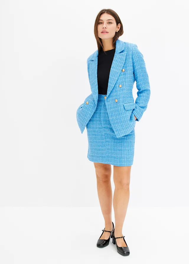 Blazer en maille bouclette à boutonnage double, Couleur: bleu brillant chiné