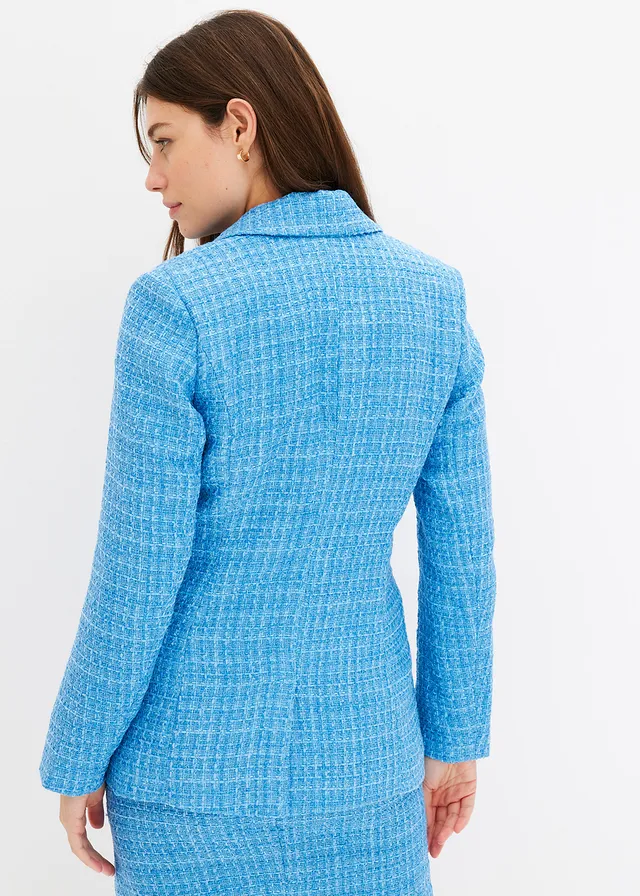 Bouclé blazer met dubbele knoopsluiting, Kleur: briljantblauw gemêleerd