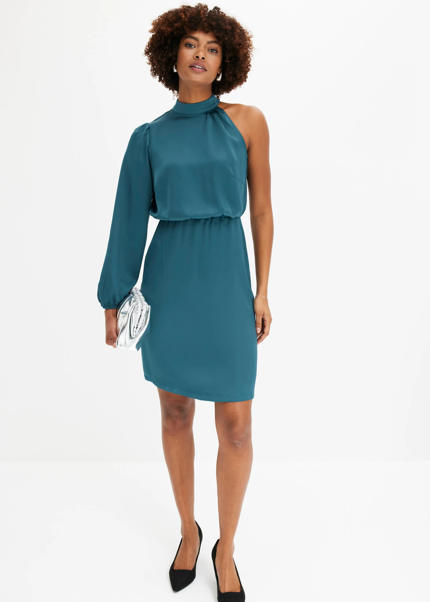 Šaty na jedno rameno, z lesklého saténu • zelené korenie • obchod bonprix