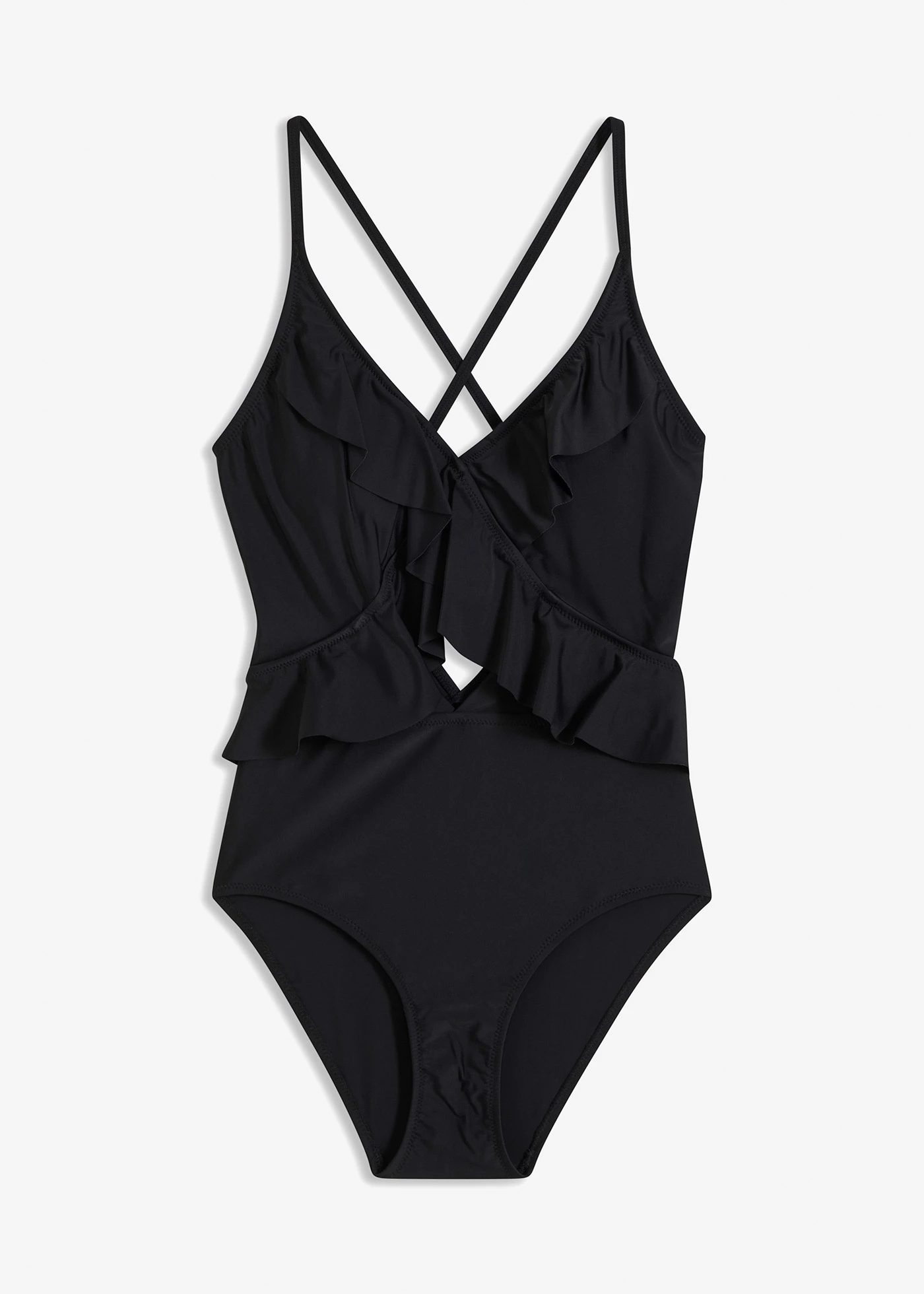 Jednodílné plavky s prostřihem a volány • černá • bonprix obchod