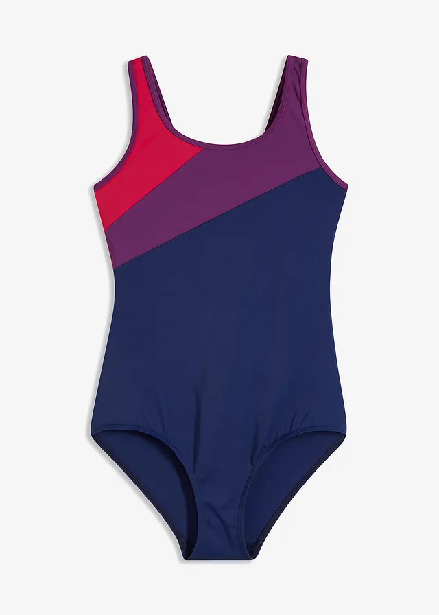 Sneldrogend sportbadpak met inzetstukken in contrasterende kleuren, Kleur: donkerblauw-paars-roze