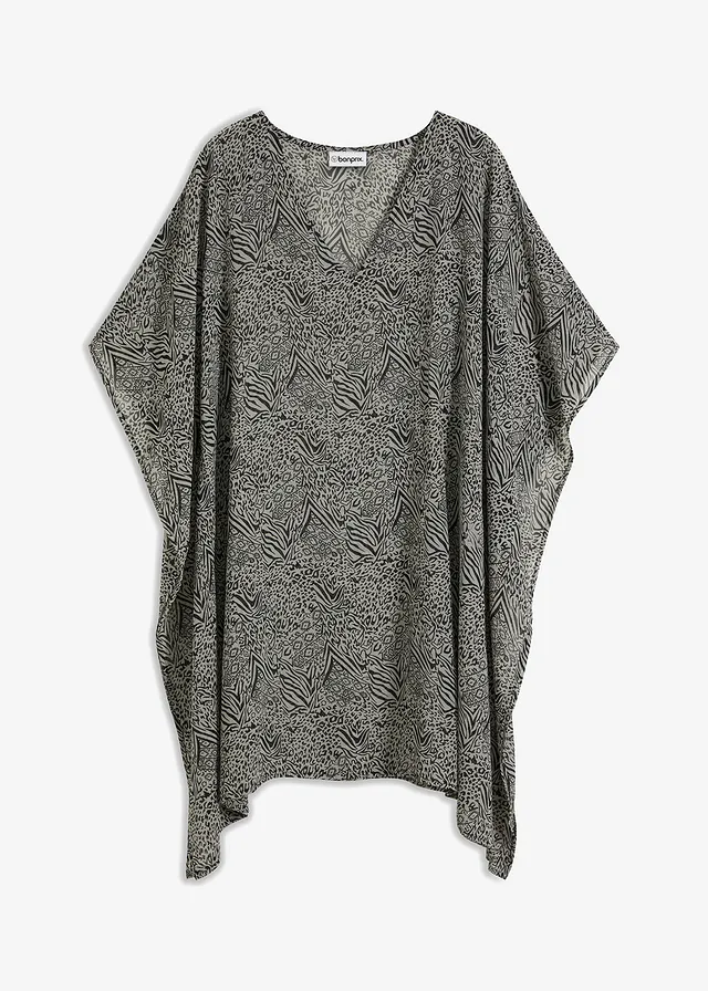 Strandtuniek van chiffon, Kleur: zwart-lichtgrijs gedessineerd