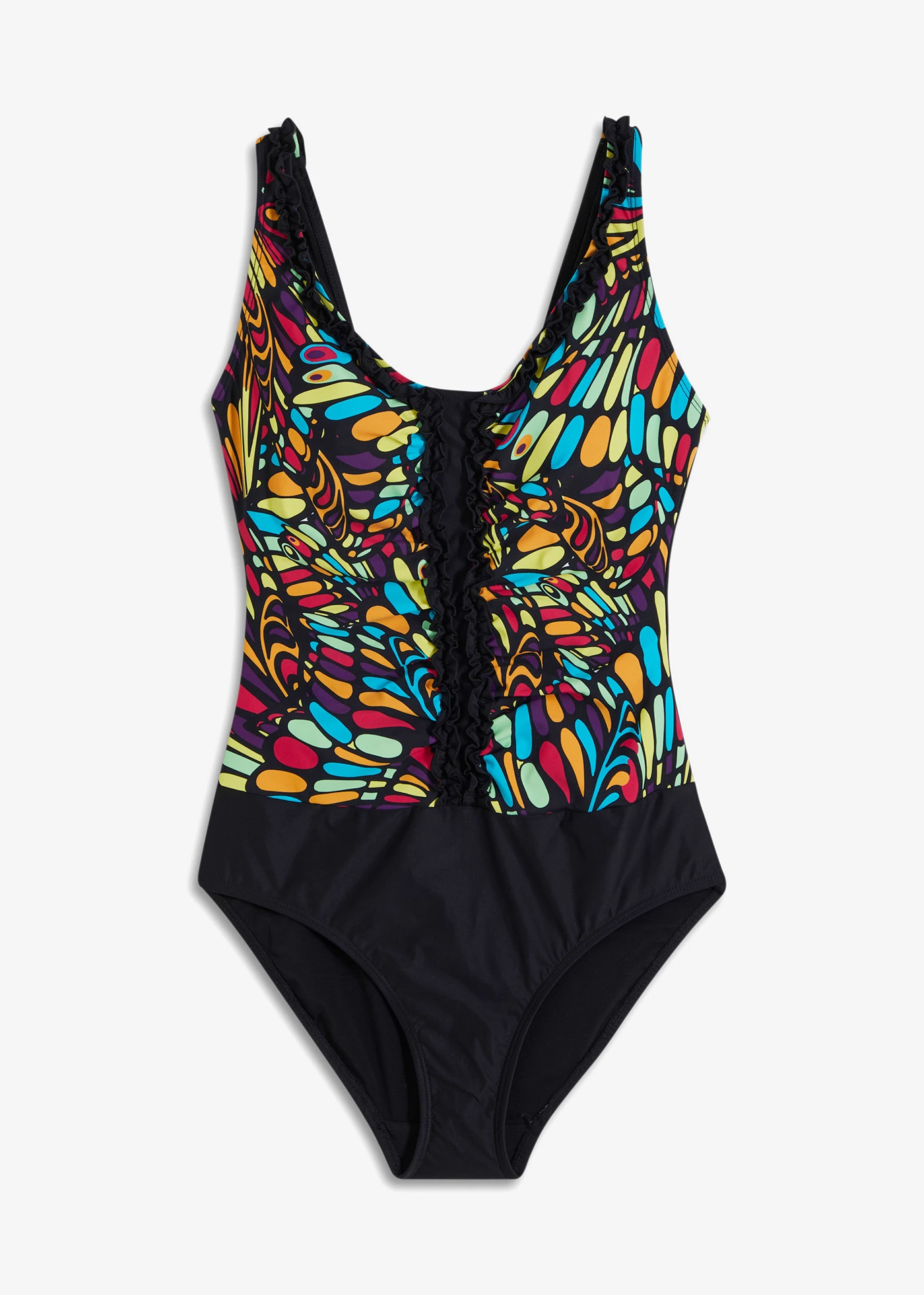 Corrigerend badpak met ruches, medium corrigerend • zwart/multicolour grafische print • bonprix online shop