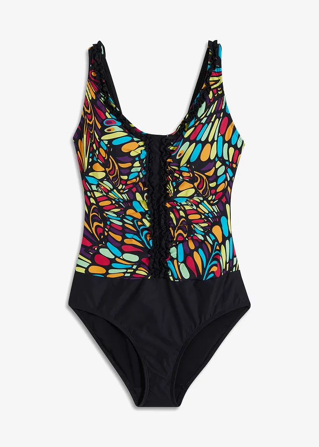 Corrigerend badpak met ruches, medium corrigerend • zwart/multicolour grafische print • bonprix online shop