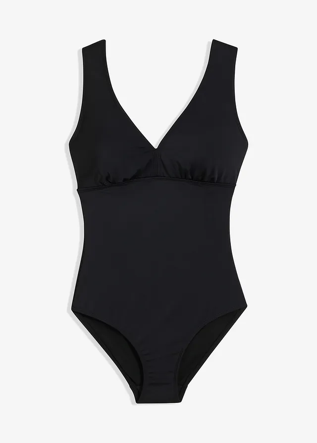 Maillot 1 pièce sculptant à col en V, maintien modéré, Couleur: noir