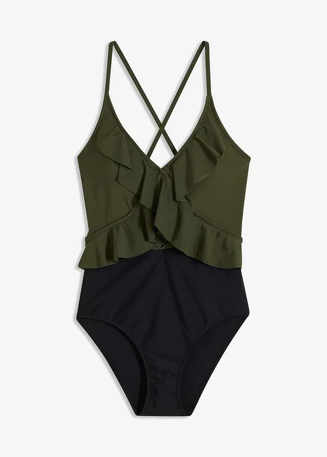 Jednodílné plavky s prostřihem a volány • khaki-černá • bonprix obchod