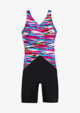 Jednodílné stahovací plavky s nohavičkami, lehký tvarující efekt, barva: černo-pestrá s proužky