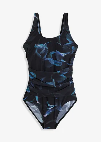 Stahovací jednodílné plavky, lehký tvarující efekt, s řasením, barva: černo-tmavě zelená s grafickým potiskem