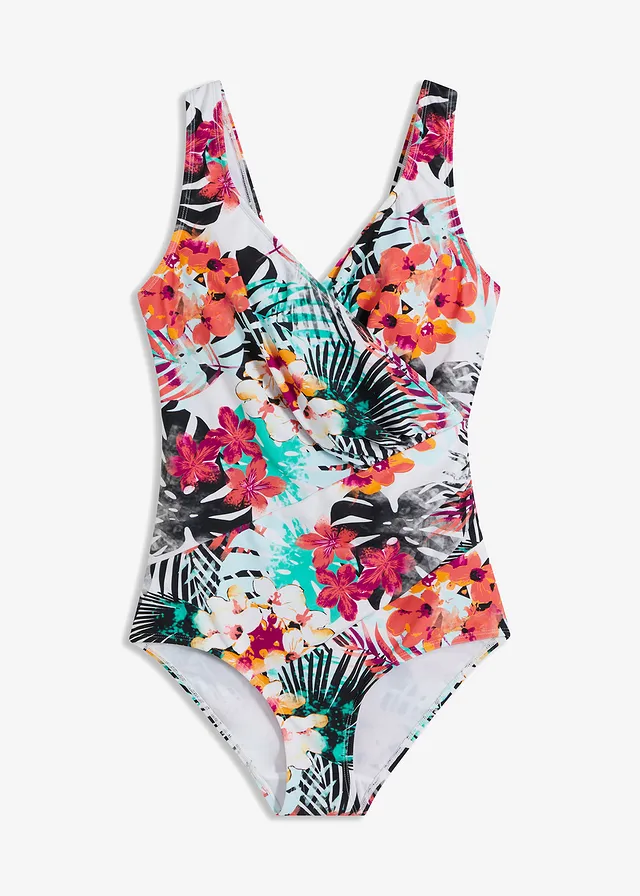 Corrigerend badpak in wikkellook, medium corrigerend, Kleur: wit gebloemd