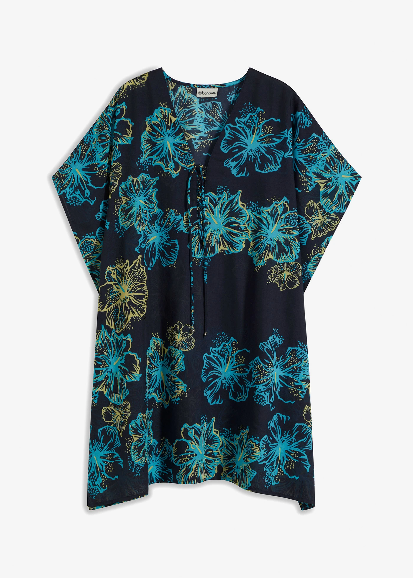 Tunique de plage transparente à col V • bleu foncé/turquoise floral • Boutique bonprix