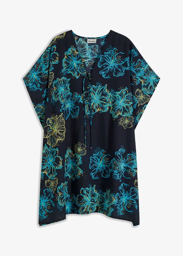 Tunique de plage transparente à col V • bleu foncé/turquoise floral • Boutique bonprix