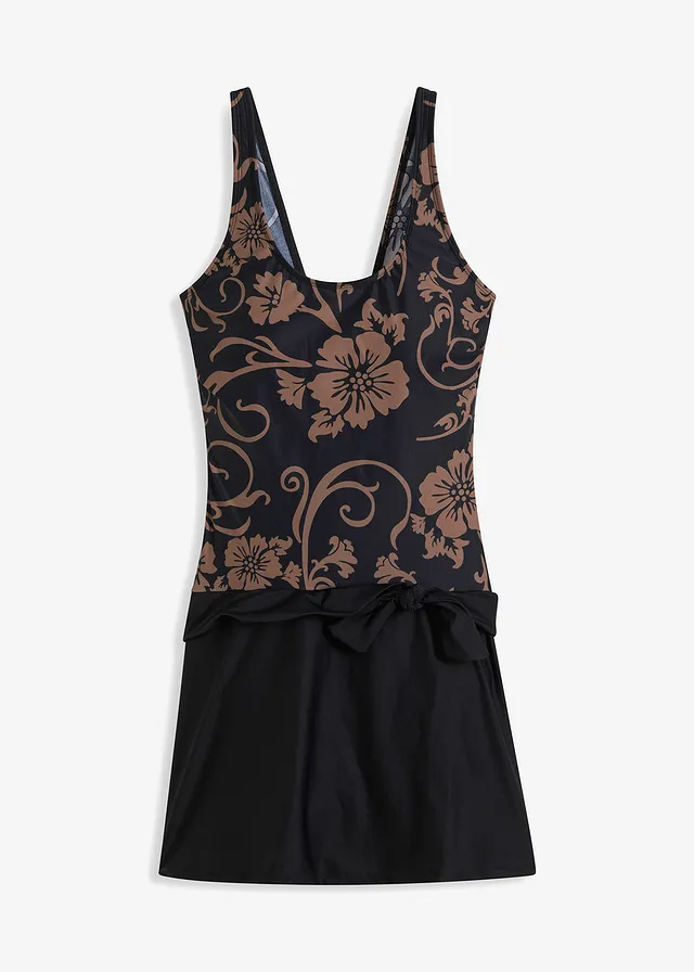 Stahovací koupací šaty, mírná tvarovací funkce • černo-hnědošedá s květy • bonprix obchod