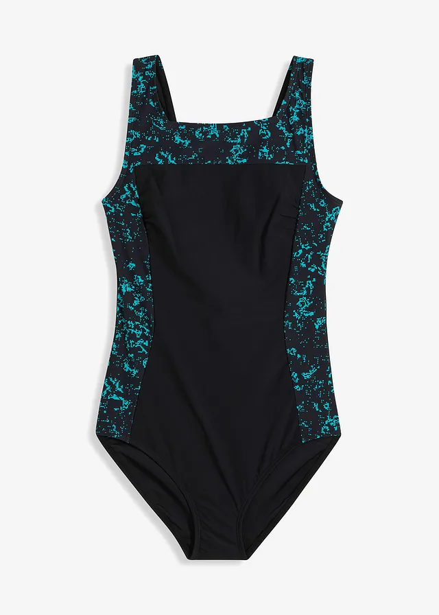 Medium corrigerend badpak met vierkante hals • zwart/turkoois grafische print • bonprix online shop