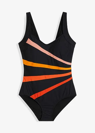 Maillot sculptant à empiècement, maintien modéré • noir-orange rayé • Boutique bonprix