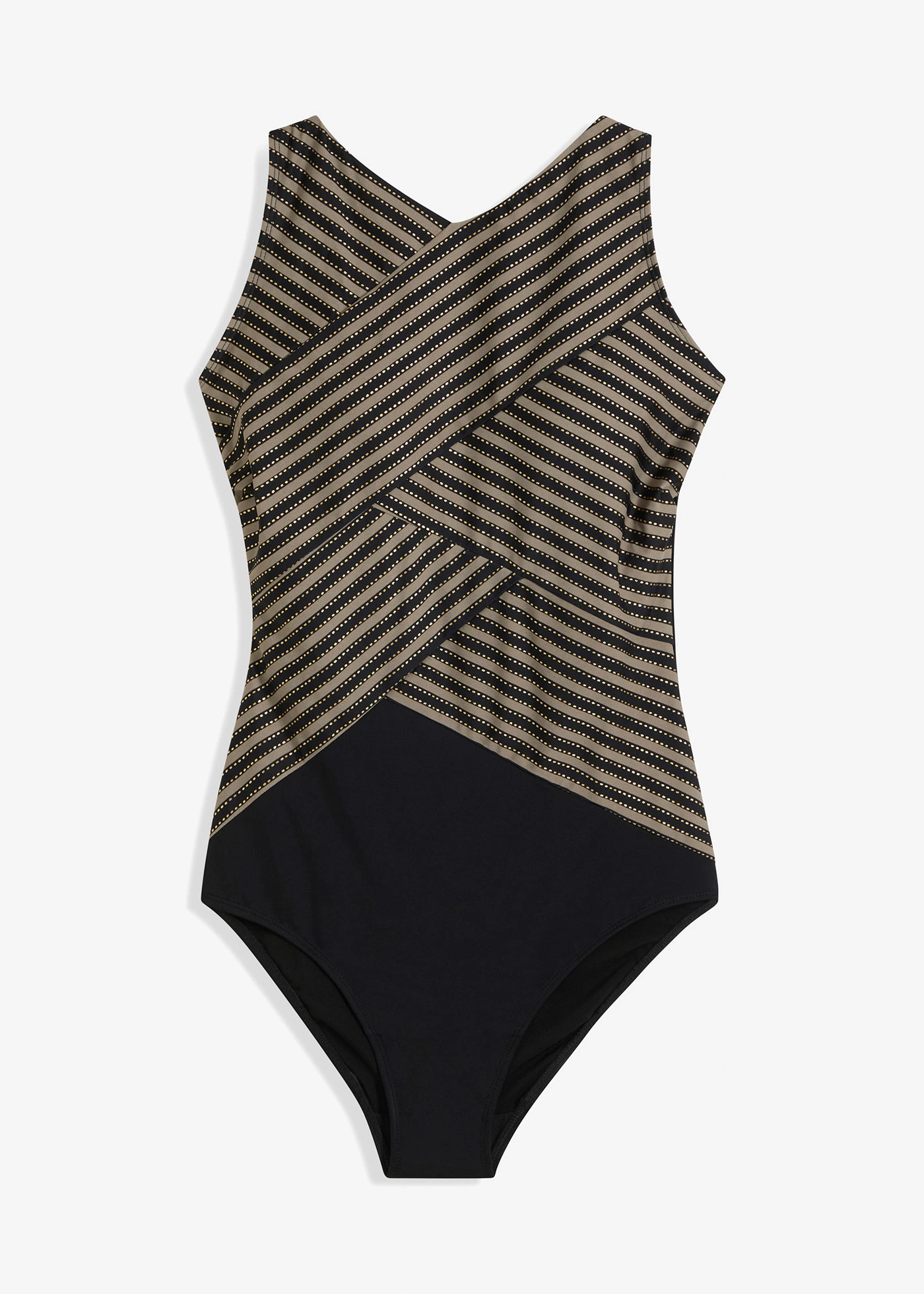 Maillot 1 pièce sculptant effet croisé, maintien modéré • noir-taupe-doré • Boutique bonprix