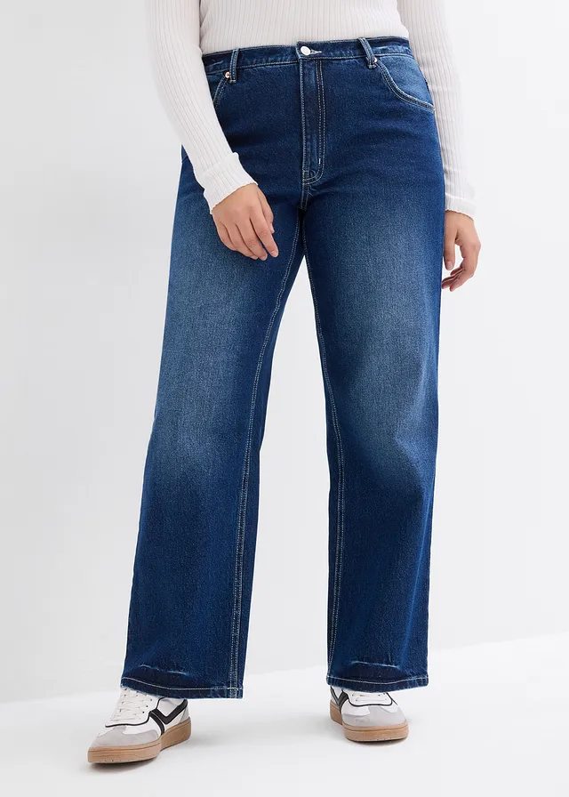 Jean large et droit, Couleur: denim bleu foncé used