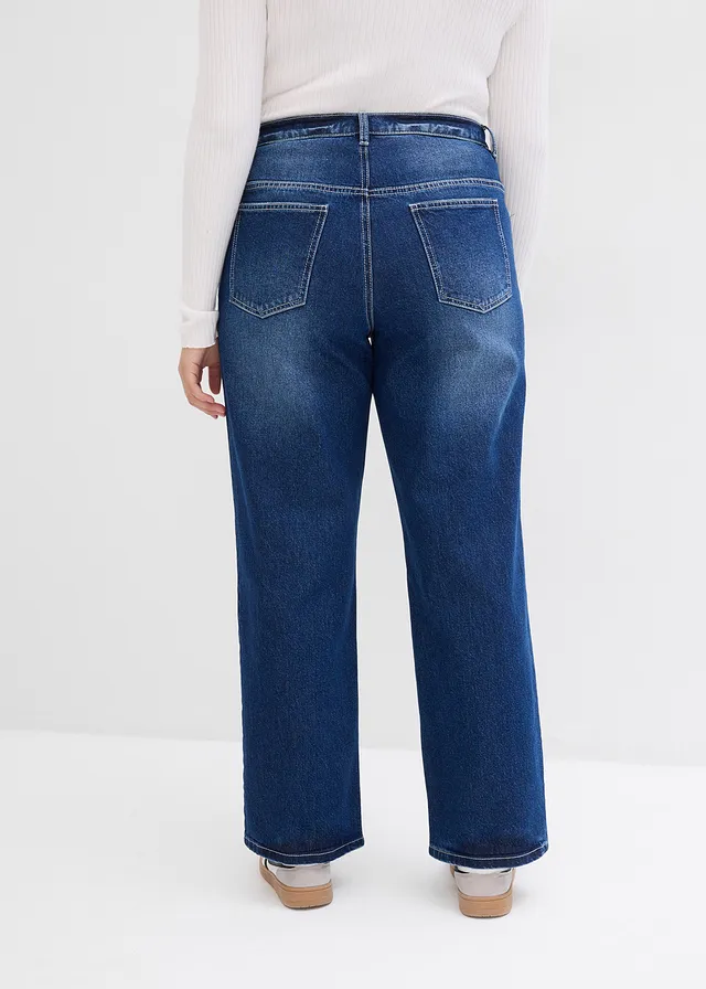 Wide leg jeans, high waist, Kleur: donkerblauw denim used