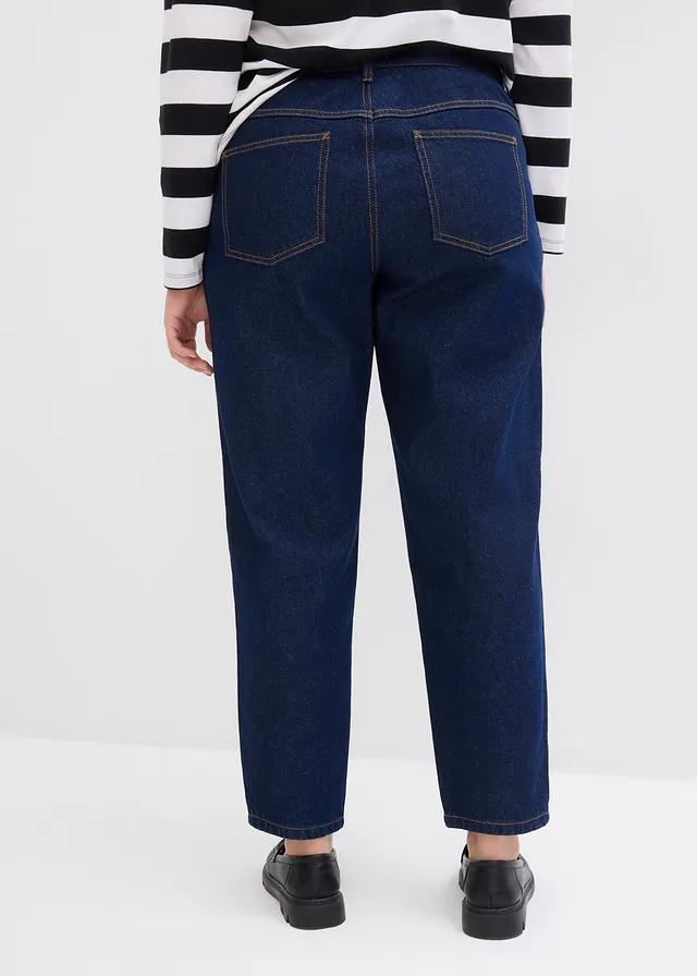 Jean mom taille haute, cropped, Couleur: bleu foncé denim brut