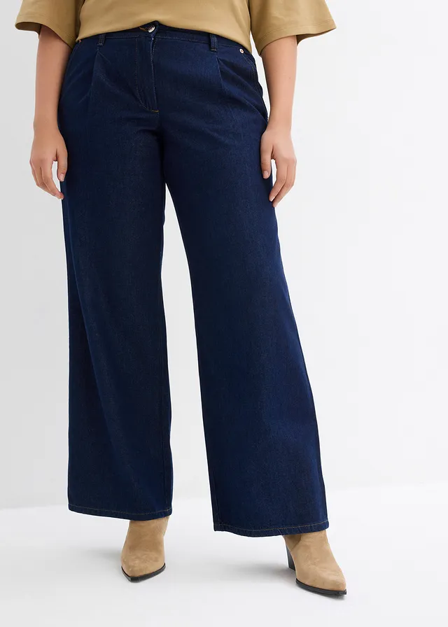 Wide leg jeans, mid waist, Kleur: donkerblauw denim