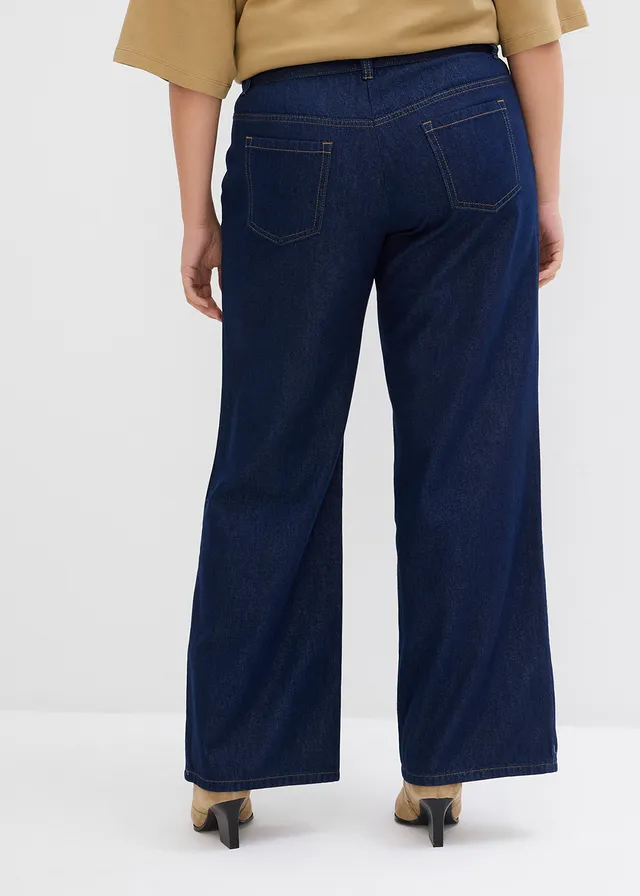 Wide leg jeans, mid waist, Kleur: donkerblauw denim