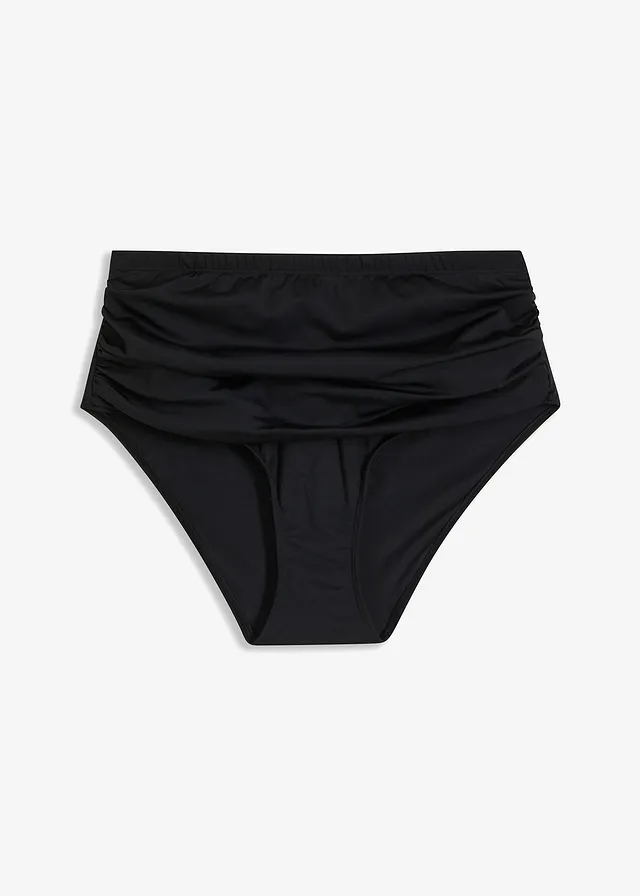 Bas de maillot taille haute sculptant à fronces, maintien léger, Couleur: noir