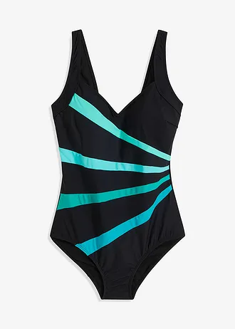Maillot sculptant à empiècement, maintien modéré • noir-vert rayé • Boutique bonprix