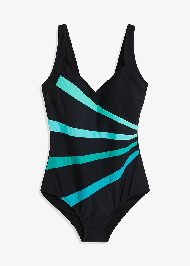 Maillot sculptant à empiècement, maintien modéré, Couleur: noir/vert rayé