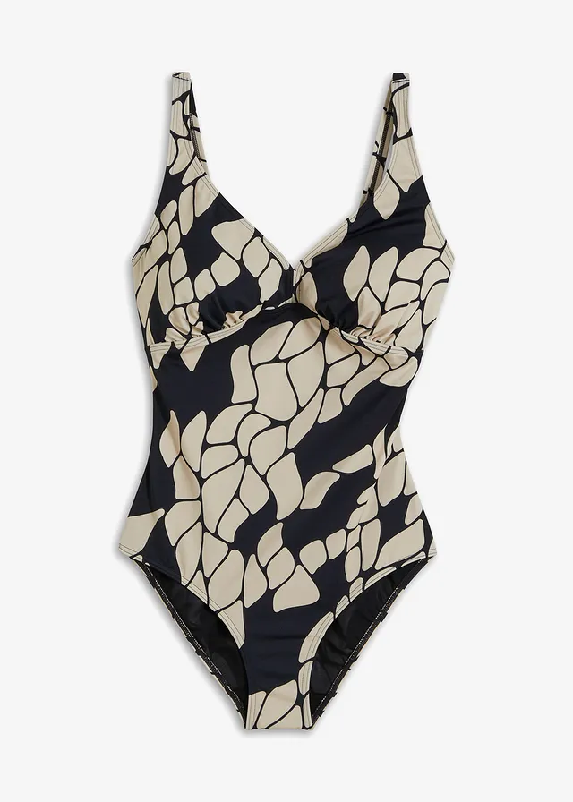 Medium corrigerend badpak met een V-hals, Kleur: zwart/beige met print