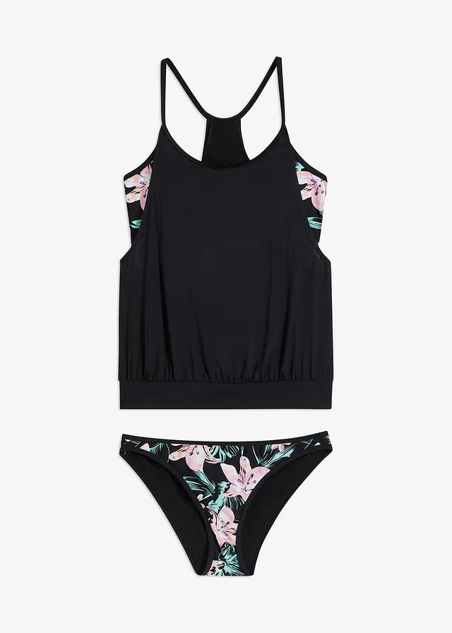 Oversized tankini in layer look (2-dlg. set), Kleur: zwart gebloemd