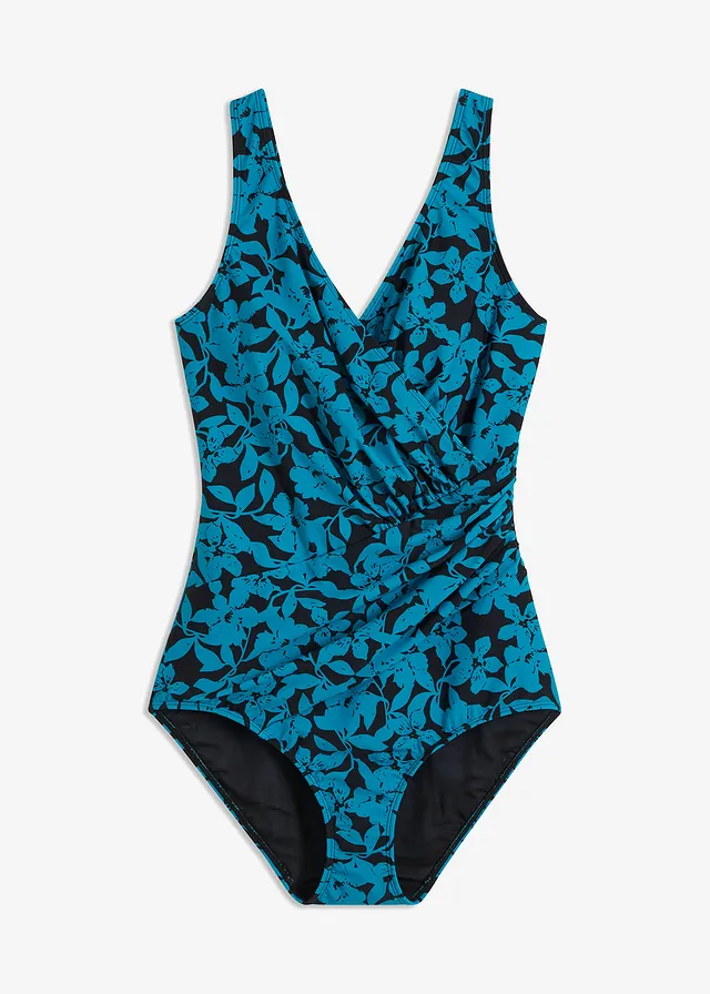 Corrigerend badpak in wikkellook, medium corrigerend, Kleur: zwart-turkoois gebloemd