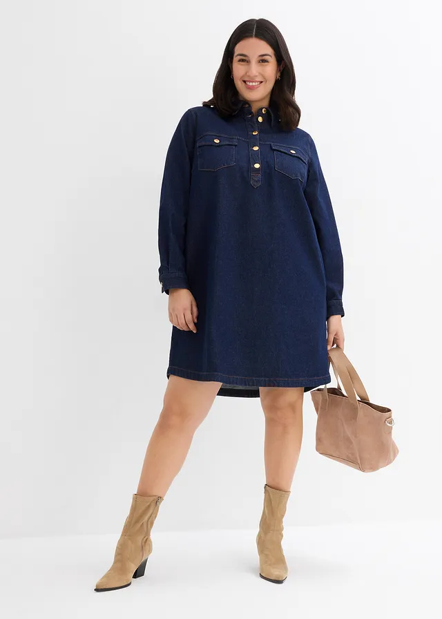 Robe en jean, Couleur: bleu foncé denim brut