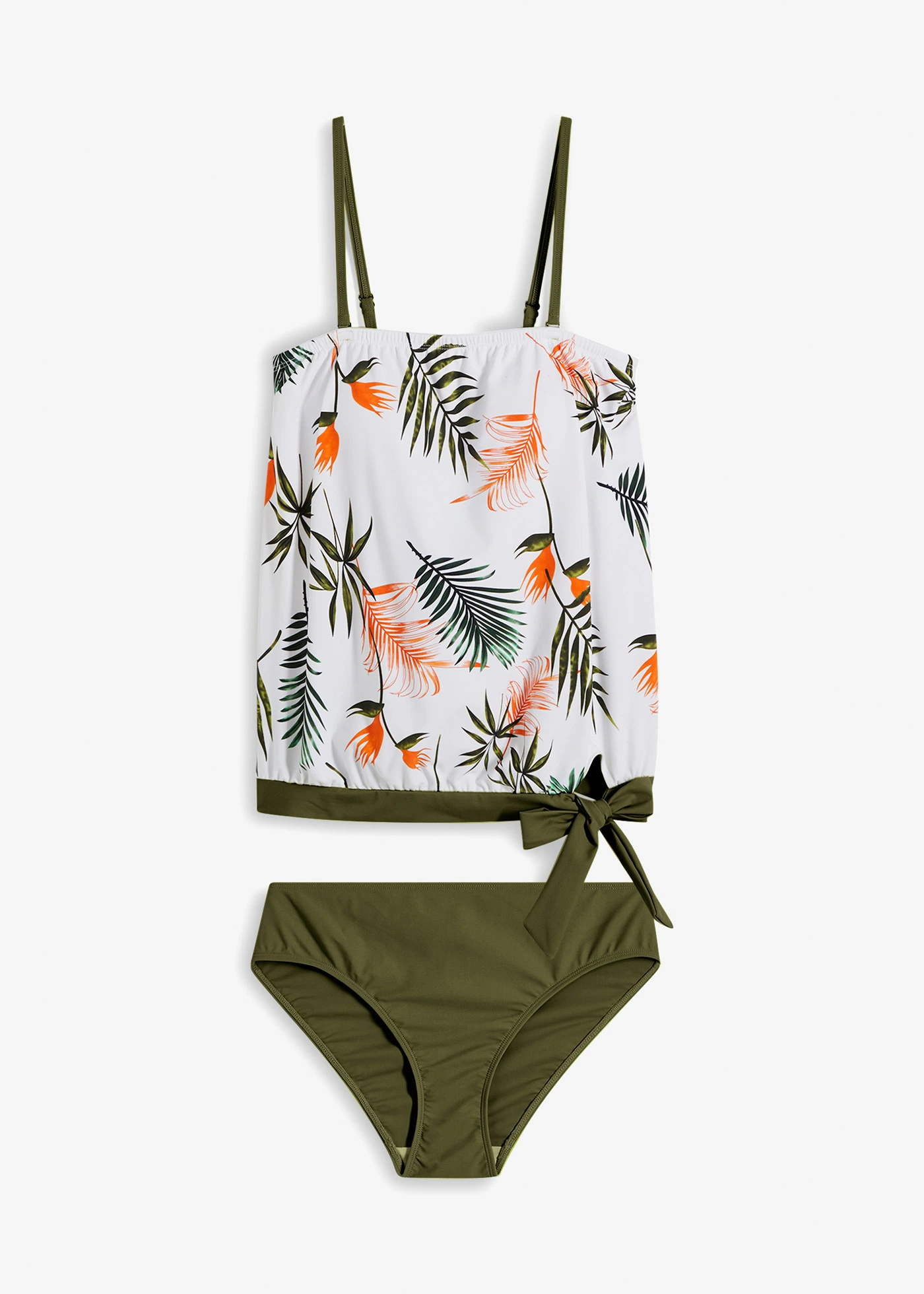 Tankini bandeau (komplet 2-cz.) z odpinanymi ramiączkami • biało-oliwkowy w kwiaty • sklep bonprix