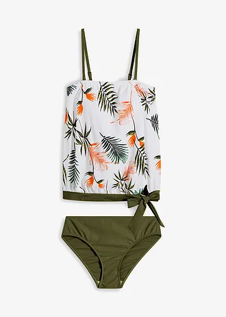 Tankini bandeau (komplet 2-cz.) z odpinanymi ramiączkami • biało-oliwkowy w kwiaty • sklep bonprix