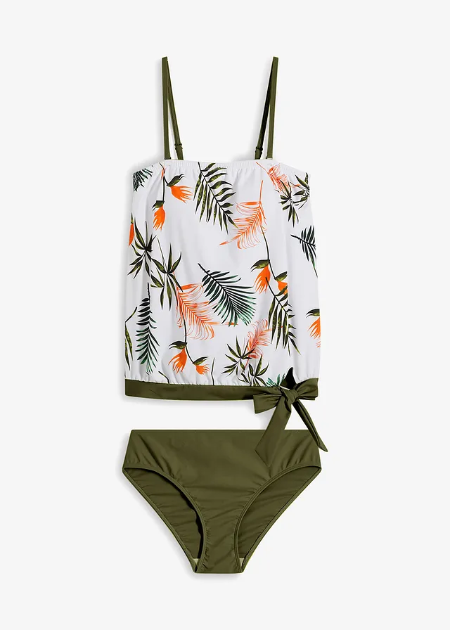 Tankini bandeau (komplet 2-cz.) z odpinanymi ramiączkami • biało-oliwkowy w kwiaty • sklep bonprix