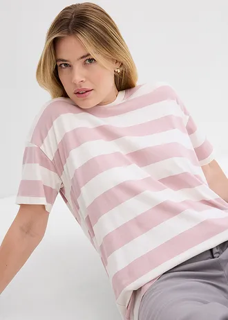 Bluză oversize din bumbac organic 100% • roz pal mat/ecru cu dungi orizontale • magazin bonprix
