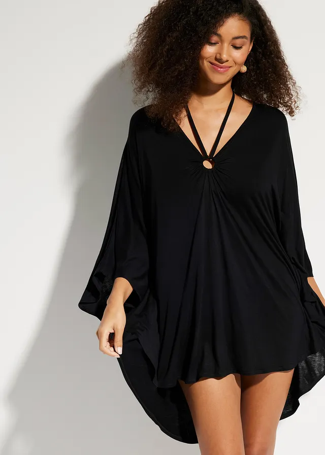 Tunique de plage transparente en viscose, Couleur: noir