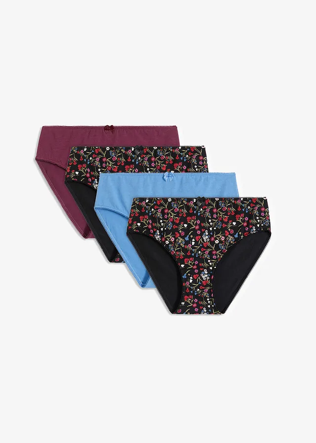 Lot de 4 slips Maxi coton • aubergine + bleu cristal + noir floral • Boutique bonprix