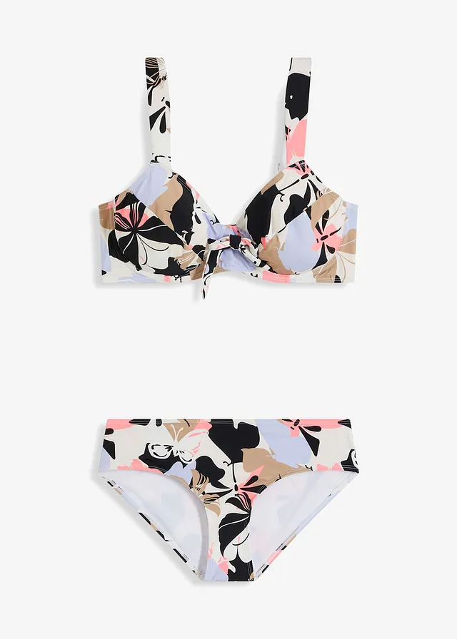 Minimizer beugel bikini met gerecycled polyamide (2-dlg. set), Kleur: wit-zwart-lila gebloemd