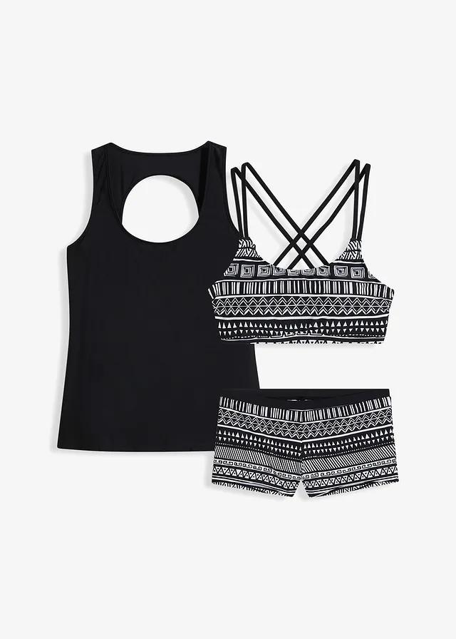Tankini (3-dlg. set) met bustier bikinitopje, Kleur: zwart/wit gedessineerd