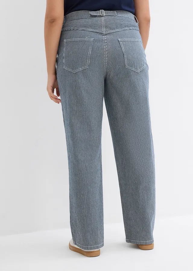 Jean droit loose, taille haute, rayé, Couleur: bleu nuit denim/blanc rayé